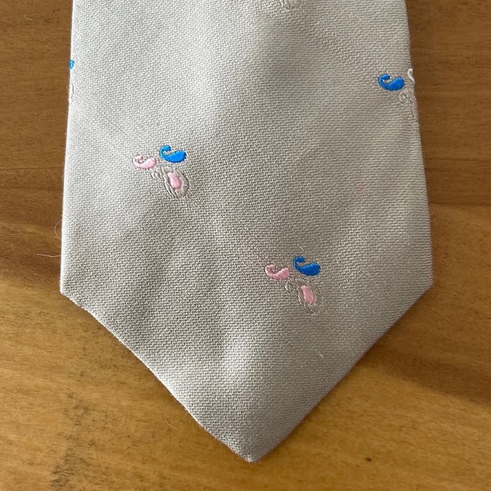 Stringbeans Plus skinny 100% silk made in USA tie tan with pink and blue accents